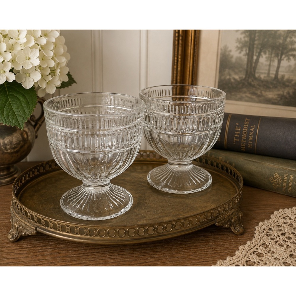 Set of 2 Clear Glass Footed Dessert Bowls Ribbed Beaded Parfait Ice Cream Cups